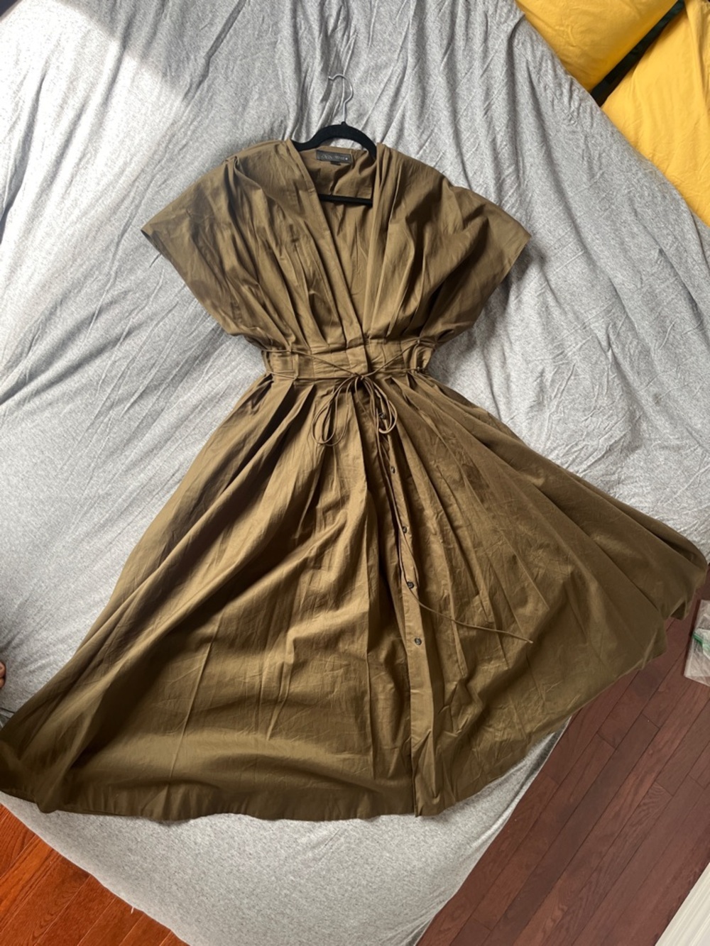Zara Olive Brown Midi Dress with Pleated Waist (S/M)